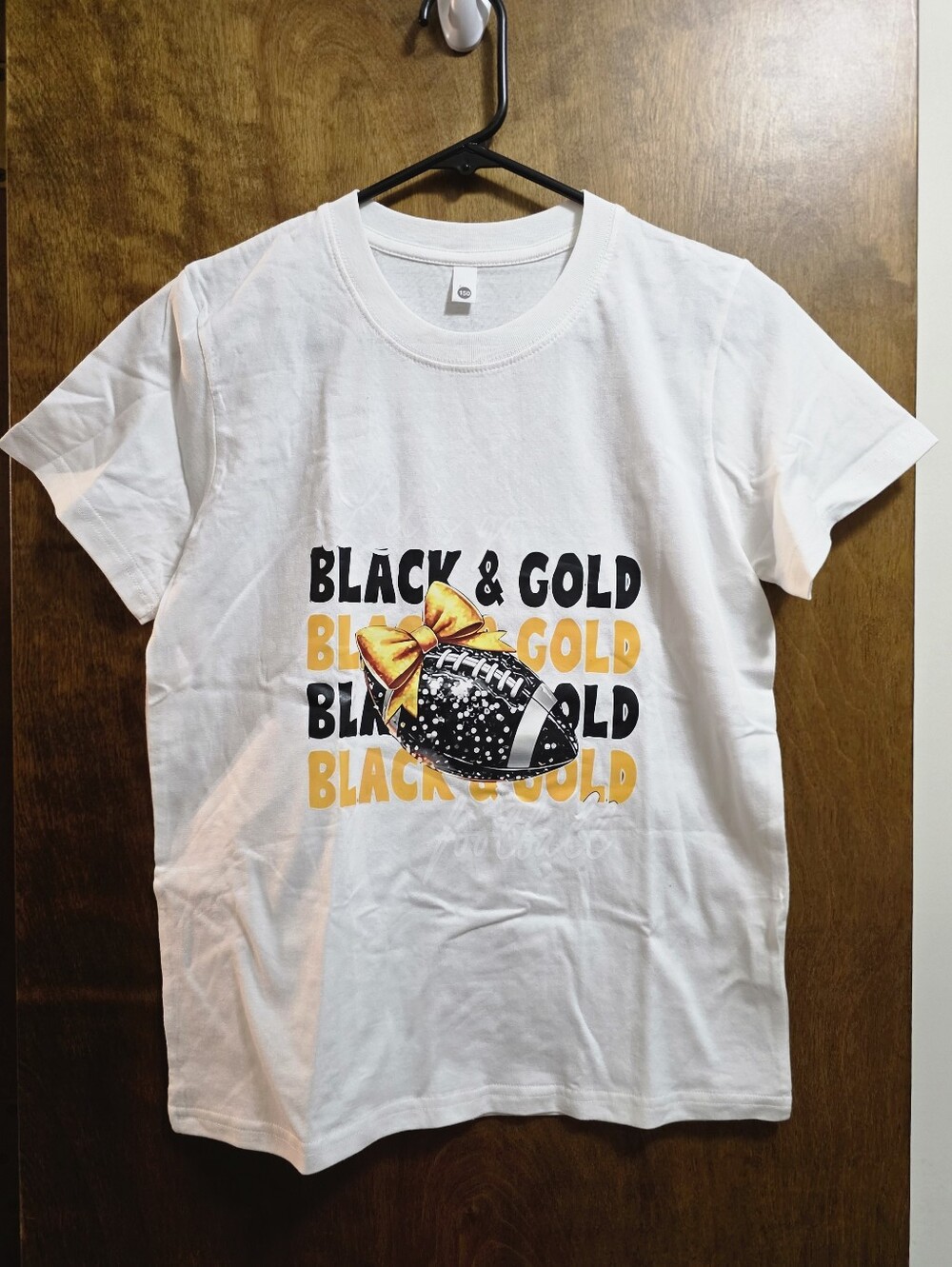 Girls White Short-Sleeve Shirt - Black And Gold Football Support T-shirt M/L